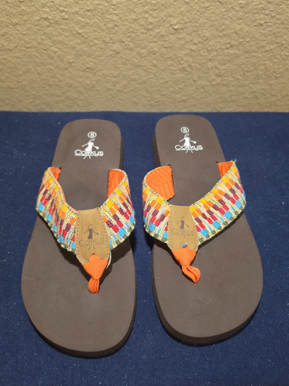 Corkys Women's Orange Multicolor Woven Strap Flip Flops - Picture 2 of 6